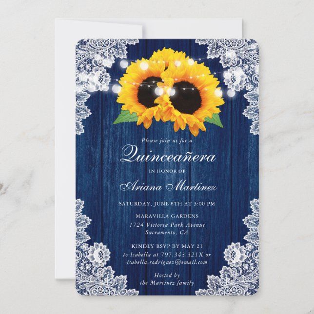 Invitation Russe Marine Bleu Tournesol Dentelle en Bois Quinc (Devant)