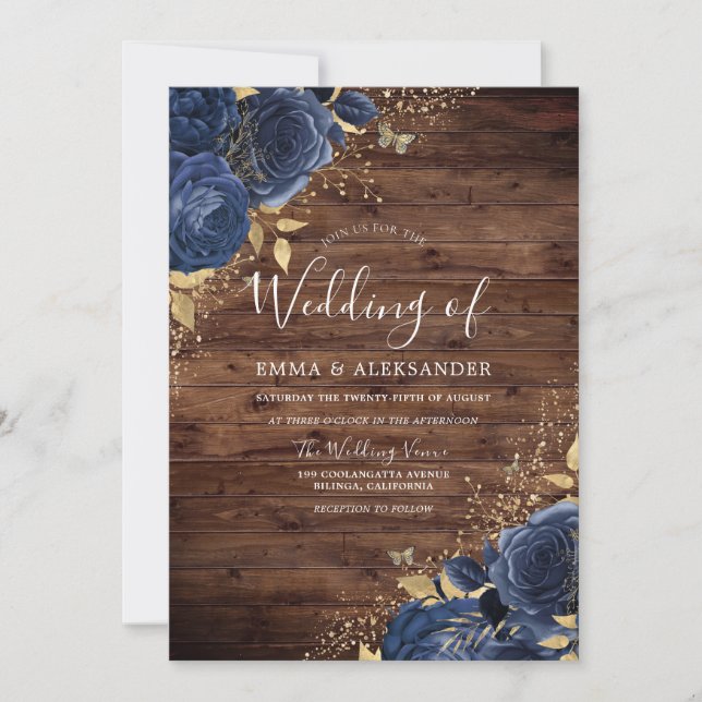 Invitation Russe Marine Indigo Roses bleus et Mariage or (Devant)