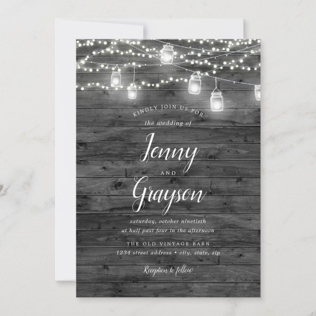 Invitation Russe Mason Jar éclaire Mariage en bois gris (Devant)