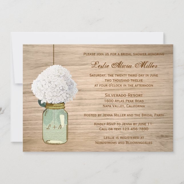 Invitation Russe Mason Jar Hydrangea Fête de l'mariée avec ph (Devant)