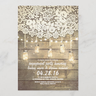 Invitation Russe Mason Jar Lights Lace Wood Engagement Party