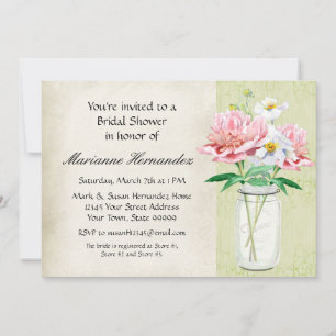 Invitation Russe Mason Jar Peony Bouquet de pavot rose