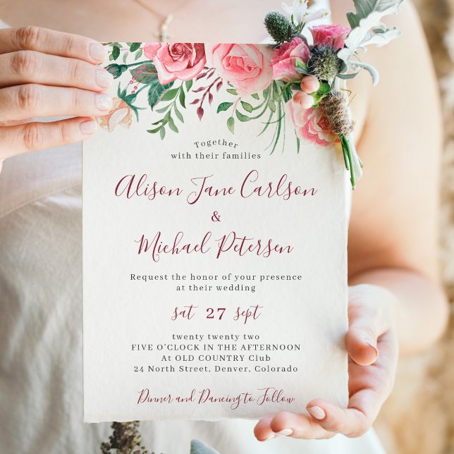 Invitation Russe moderne floral aquarelle mariage bordeaux (Créateur téléchargé)