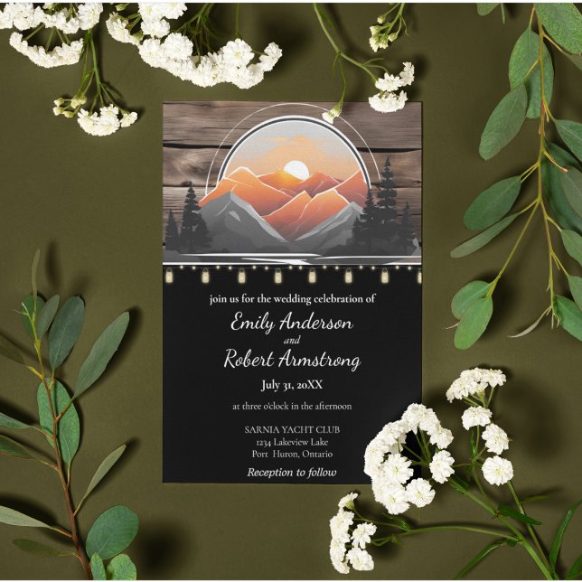 Invitation Russe Mountain Valley Forest Sunset Nature (Mountain Forest Sunset Lakeside Wedding Invitation Suite.)
