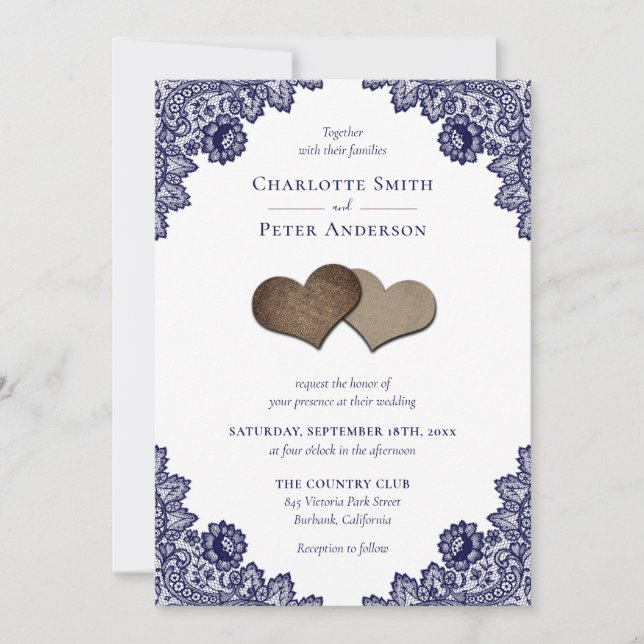 Invitation Russe Navy Blue Burlap et Mariage de dentelle (Devant)