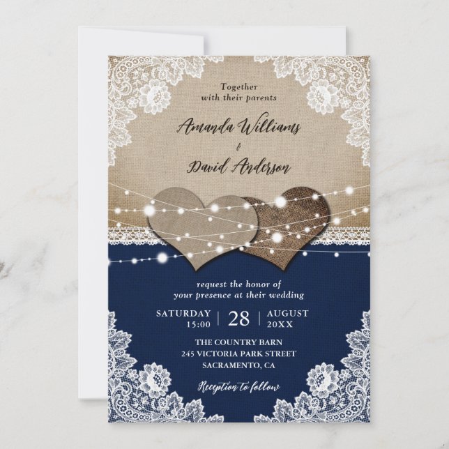 Invitation Russe Navy Blue Burlap Mariage dentelle (Devant)