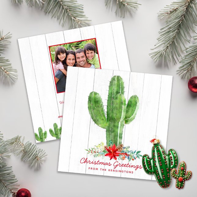 Invitation Russe Noël Cactus Bois Photo de vacances (Rustic Christmas Cactus Wood Holiday Photo Christmas Card)