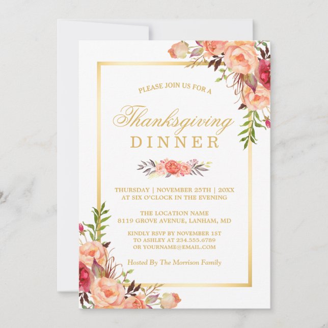 Invitation Russe Orange Floral Chic Gold Thanksgiving Dîner (Devant)