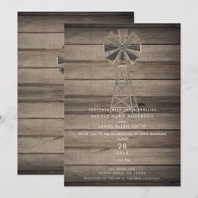 Invitation Russe Patiné Wood Country Mariage de moulin à vent (Devant / Derrière)