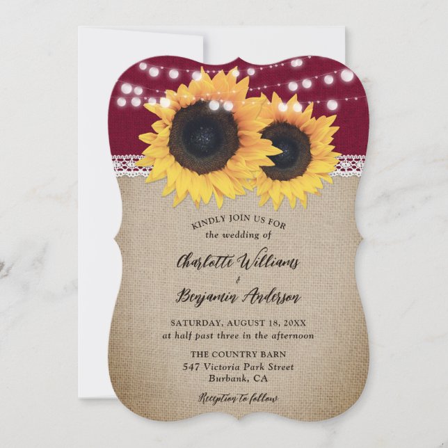 Invitation Russe Pays Bourgogne Mariage de tournesol Burlap (Devant)