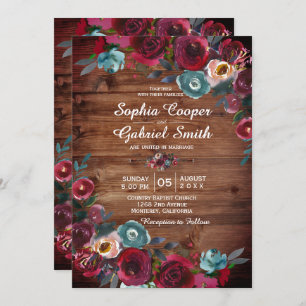 Invitation Russe Pays Bourgogne Rouge Marine Floral Mariage