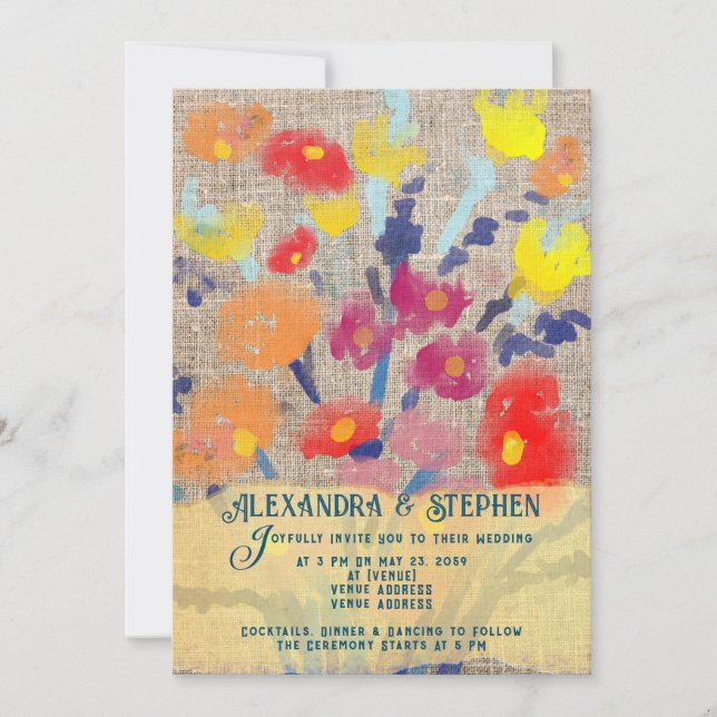 Invitation Russe Pays Burlap Bohême Fleur sauvage Mariage (Devant)