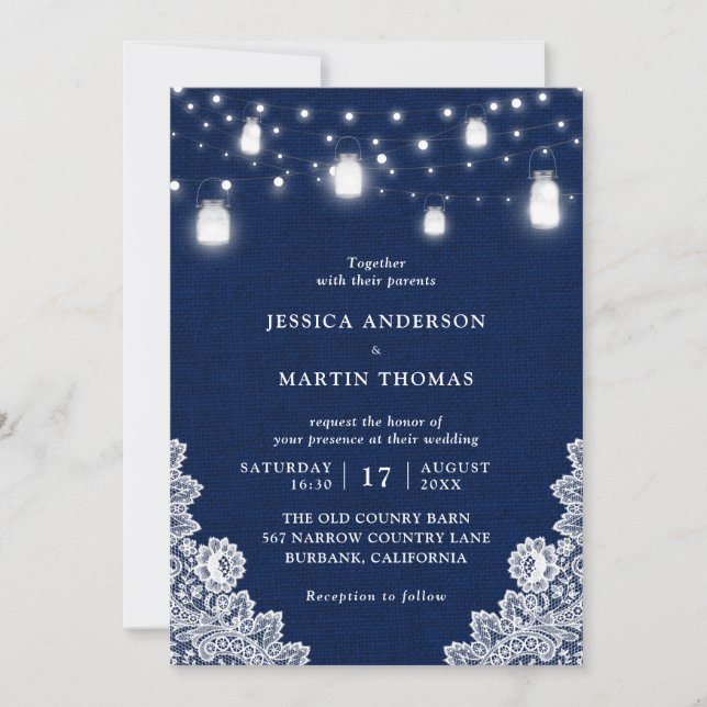 Invitation Russe Pays Marine Blue Mason Jar Lumières Mariage (Devant)