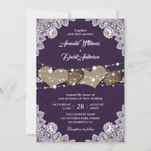 Invitation Russe Pays Purple Burlap Mariage dentelle