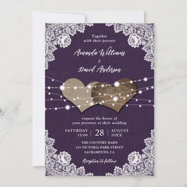 Invitation Russe Pays Purple Burlap Mariage dentelle (Devant)