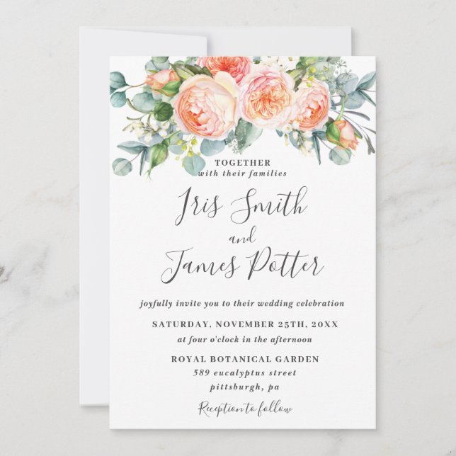 Invitation Russe Peach Coral Garden Roses Floral Mariage (Devant)