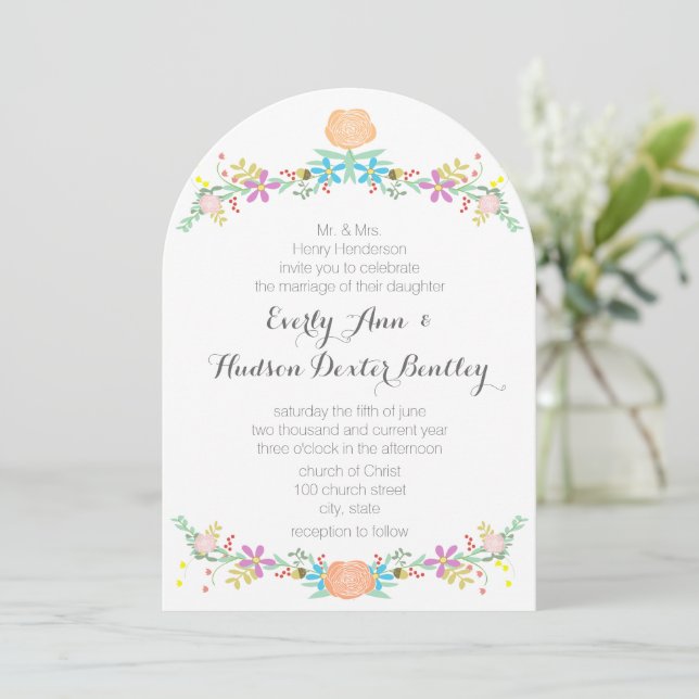 Invitation Russe Peach Pink Mint Die Cut Garland Mariage (Debout devant)