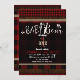 Invitation Russe Plaid Red Baby Bear One 1er Birthday Party