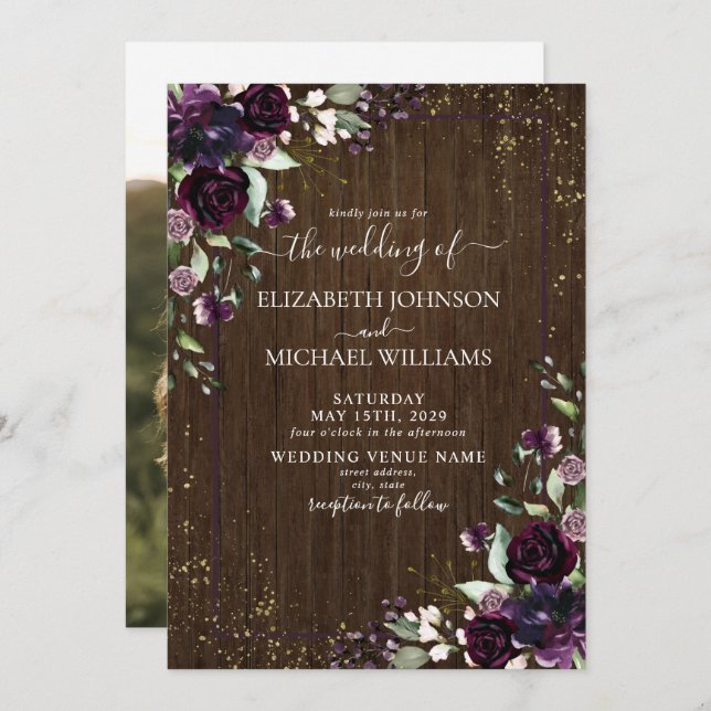 Invitation Russe Plum violet or Aquarelle en marbre (Devant / Derrière)