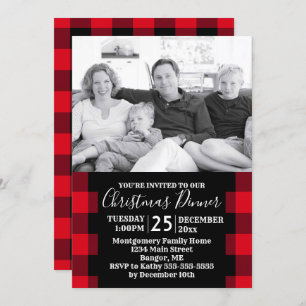 Invitation Russe Red Buffalo Plaid Photo Dîner de Noël