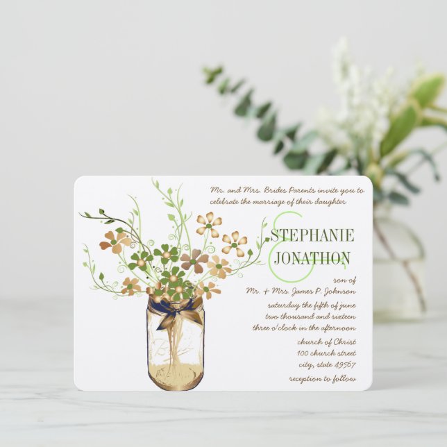 Invitation Russe Romantique Cuivre Olive Mason Jar Mariage (Debout devant)