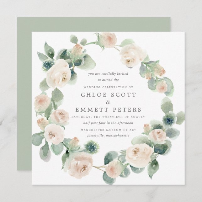 Invitation Russe Rose blanche Floral Eucalyptus Mariage (Devant / Derrière)