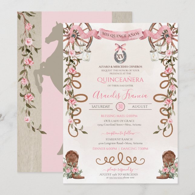 Invitation Russe rose Boho Ouest Charra Quinceanera (Devant / Derrière)