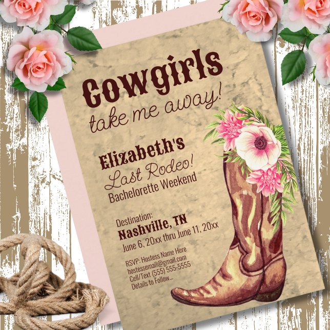 Invitation Russe Rose Floral Cowgirl Bachelorette Party (Créateur téléchargé)