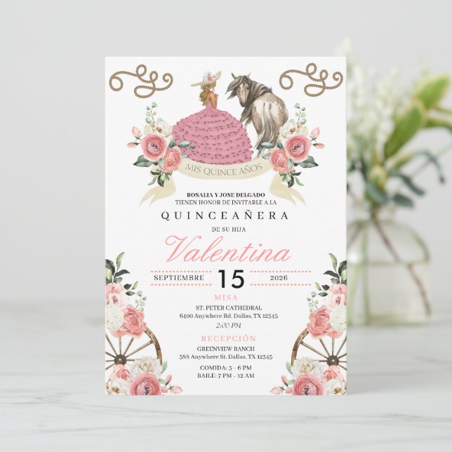 Invitation Russe rose Mariachi Cowgirl Western Quinceañera (Debout devant)
