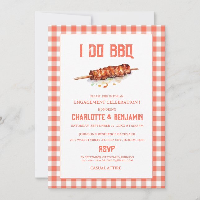 Invitation Russe Rouge En vichy Je fais BBQ Engagement Party (Devant)