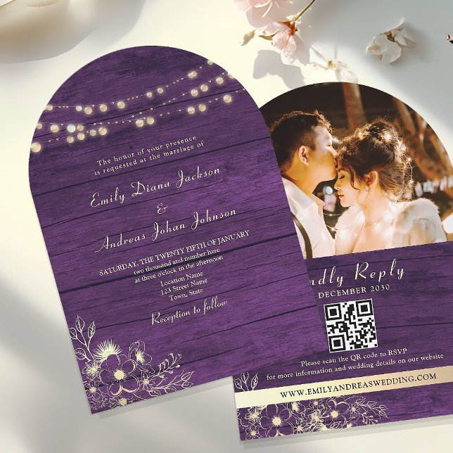 Invitation Russe String Lights Purple Mariage QR Code (Créateur téléchargé)