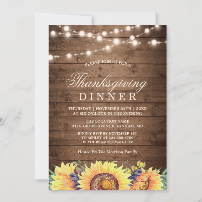 Invitation Russe String Lights Tournesol Thanksgiving Dîner (Devant)