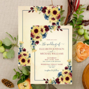 Invitation Russe Sunflower Navy Bleu Bourgogne Floral Mariage