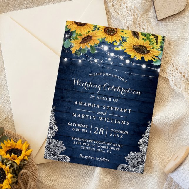 Invitation Russe Sunflower Navy Bleu String Mariage (Créateur téléchargé)