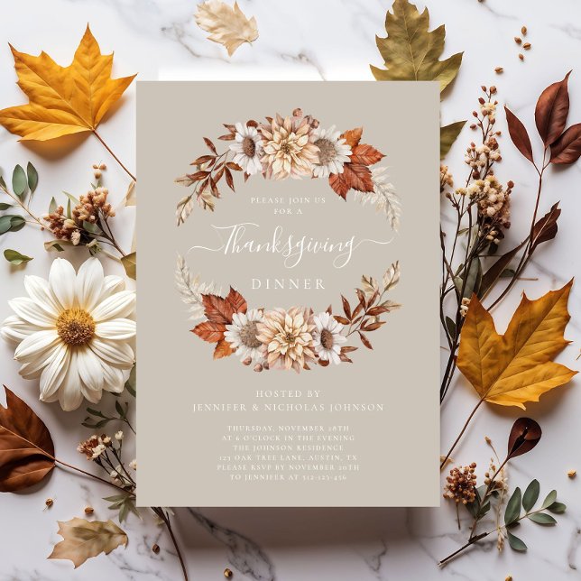 Invitation Russe Taupe Automne Floral Thanksgiving Dîner (Rustic Taupe Fall Floral Thanksgiving Dinner Invitation)