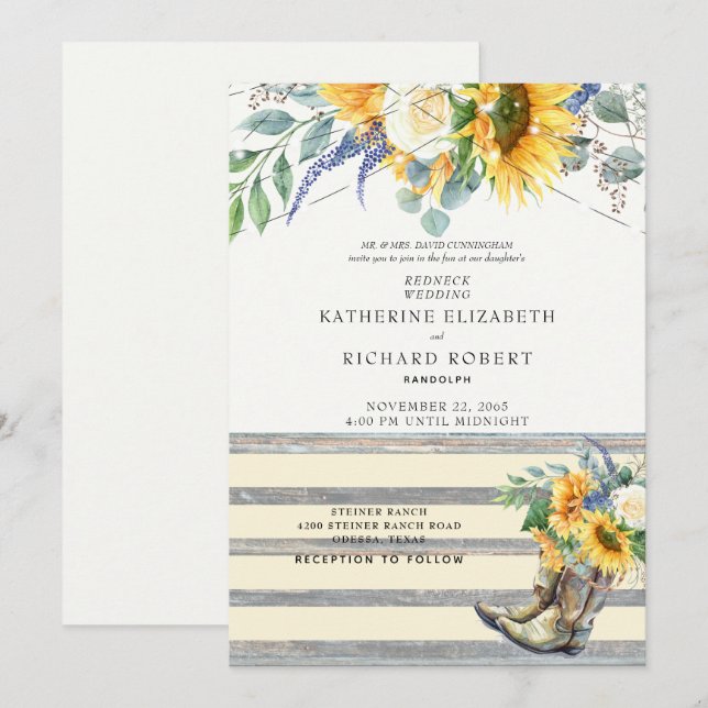 Invitation Russe Tournesol Redneck Boots & Lights Invit (Devant / Derrière)