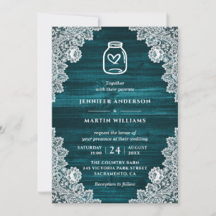 Invitation Russe Turquoise bois Floral dentelle Mason Jar Mar