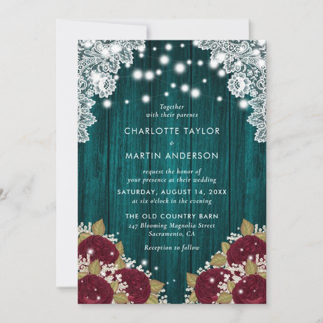 Invitation Russe Turquoise Bourgogne Floral Mariage (Devant)