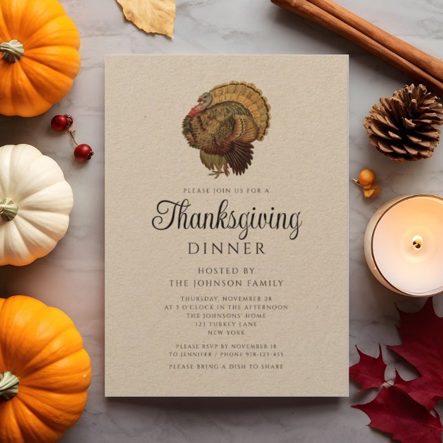 Invitation Russe Vintage Turquie Thanksgiving Dîner (Rustic Vintage Turkey Thanksgiving Dinner Invitation)