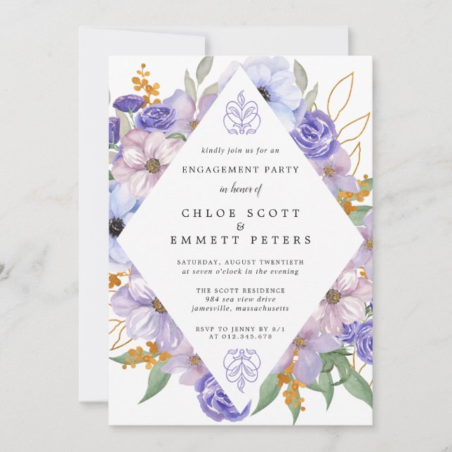 Invitation Russe violet bleu or Floral Partie d'engagement (Devant)