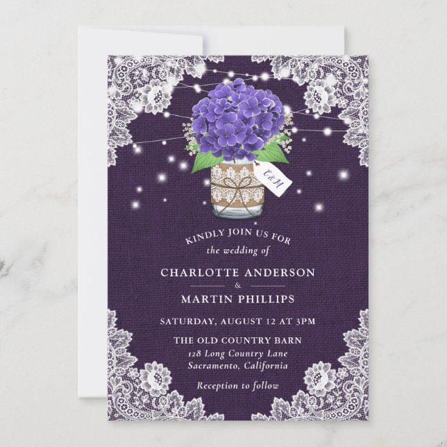 Invitation Russe violet Burlap dentelle Hydrangea Mariage (Devant)