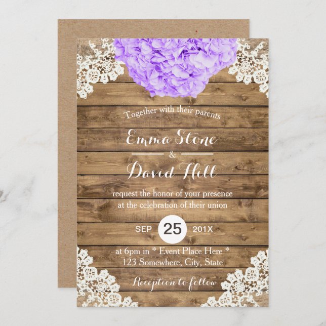 Invitation Russe violet Hydrangea Floral dentelle Mariage (Devant / Derrière)