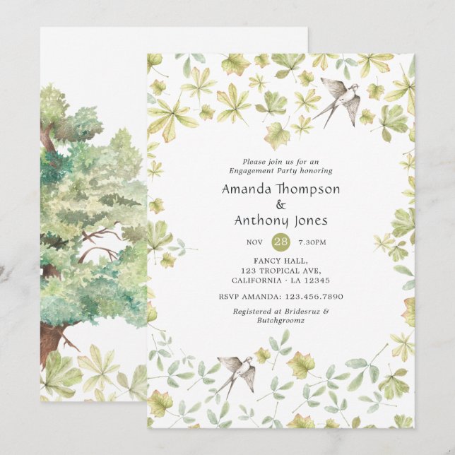 Invitation Russe Watercolor Forest Engagement Party (Devant / Derrière)