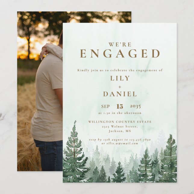 Invitation Russe Watercolor Forest Engagement Photo (Devant / Derrière)