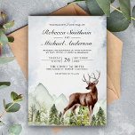 Invitation Russe Watercolor Mountain Forest Deer Mariage<br><div class="desc">Éblouissez vos invités avec cet élégant invitation de mariage avec un beau cerf et des pins rustiques avec des montagnes dans l'arrière - plan. Ajoutez simplement les détails de votre événement sur ce modèle facile à utiliser pour en faire une invitation unique.</div>