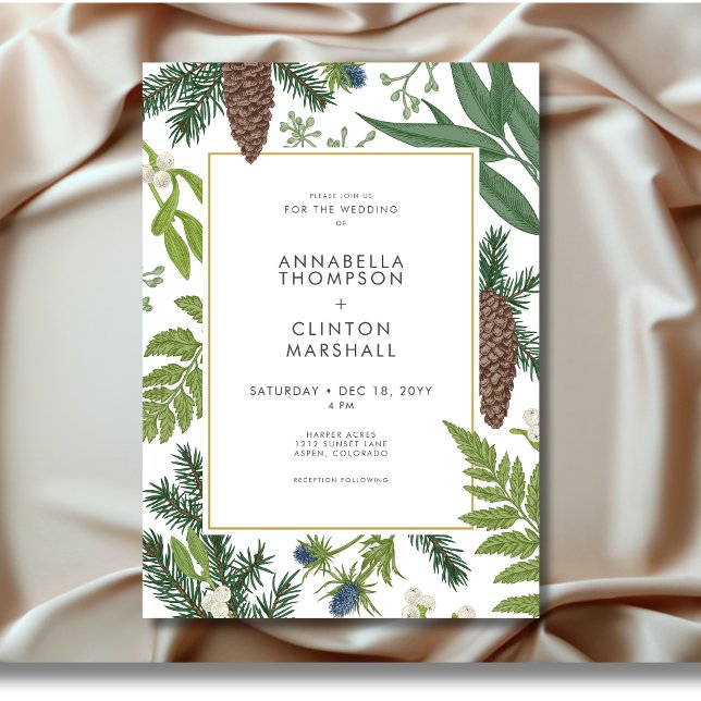 Invitation Russe Winter Nature & Mariage de cadre de pin (Rustic Winter Nature & Pine Frame Wedding Invitation)