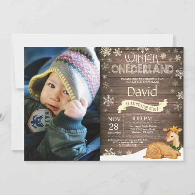 Invitation Russe Winter Onederland Cerf 1er anniversaire (Devant)
