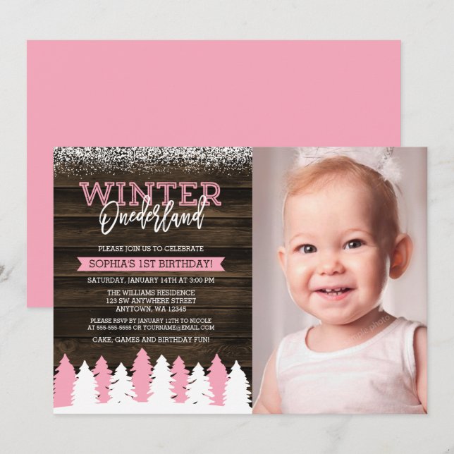 Invitation Russe Winter Onederland rose 1er anniversaire Phot (Devant / Derrière)