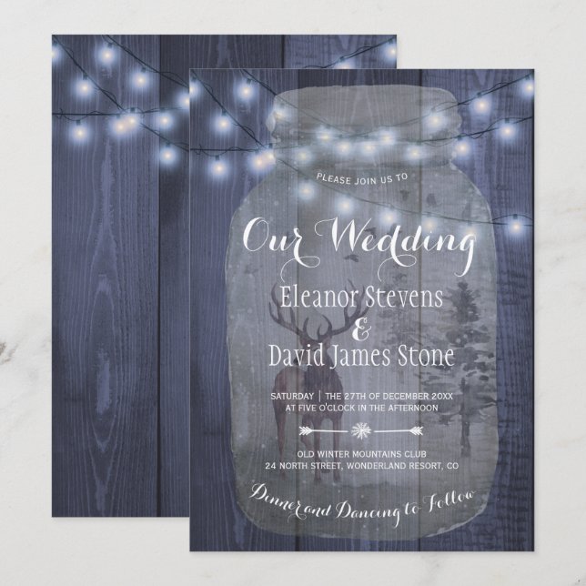 Invitation Russe Winter Wonderland Mason Jar Lumières Mariage (Devant / Derrière)