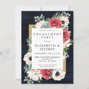 Invitation Russe Wood Navy Burgundy Gold Engagement Party
